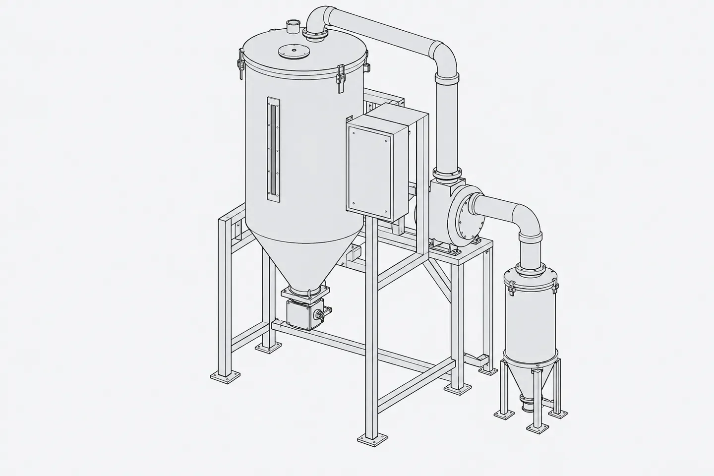 Illustration: an isometric plastics auxiliary machine (hopper dryer with a tall cylindrical hopper on a frame) with pipes, drawn precisely like an engineering plate.