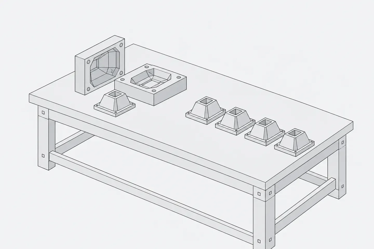 Illustration: a workshop bench where a finished hand-made part sits next to a casting mold that will reproduce it, a few identical cast parts lined up in a row.
