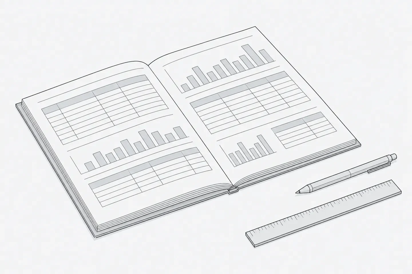 Illustration: bound report lying open on a clean table, its pages show abstract ruled tables and small bar shapes without any readable text, a ruler and a pen beside it.