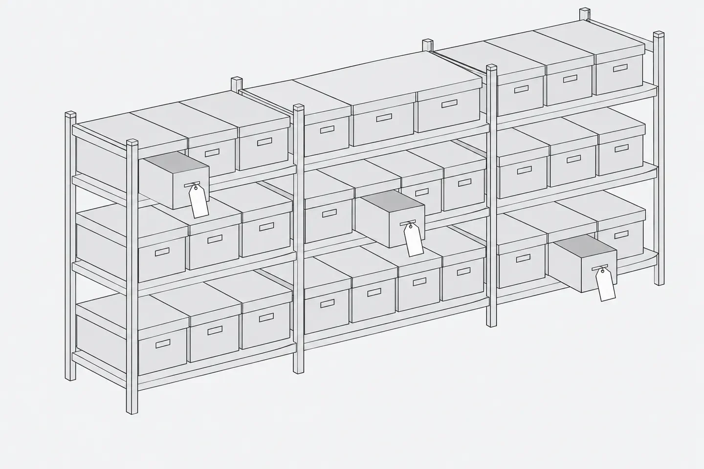 Illustration: a tidy set of isometric shelves holding identical boxes arranged in clear rows and columns, a few boxes pulled forward with blank tags.