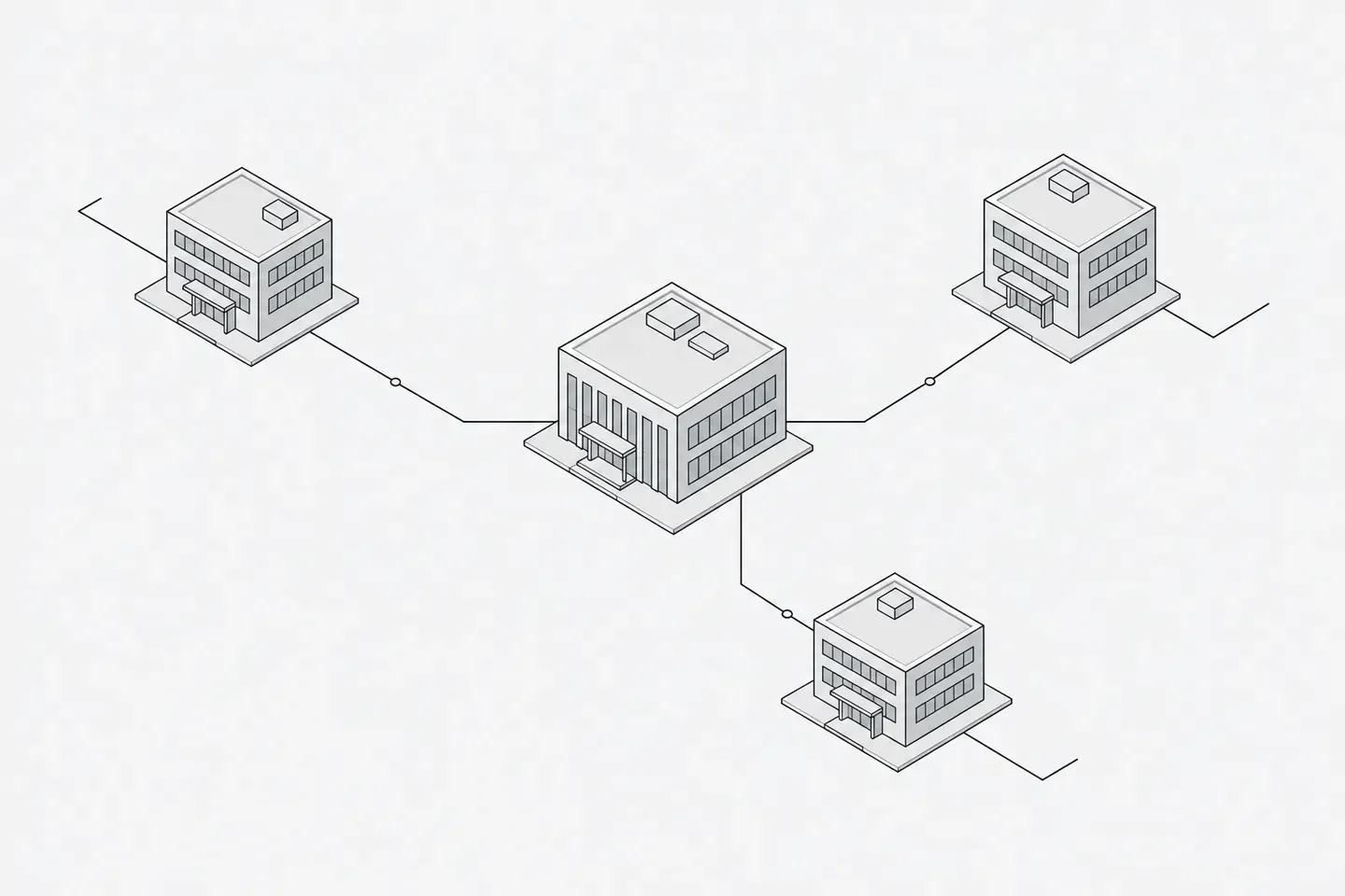 Illustration: three simple isometric building blocks representing regional offices connected by thin route lines to one central block, a few route lines ending in small gaps.