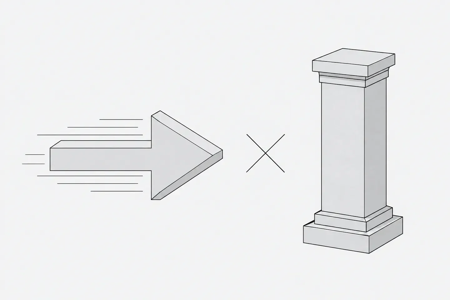 Illustration: a solid arrow with motion lines and a stone pillar on a plinth, separated by a thin multiplication cross.