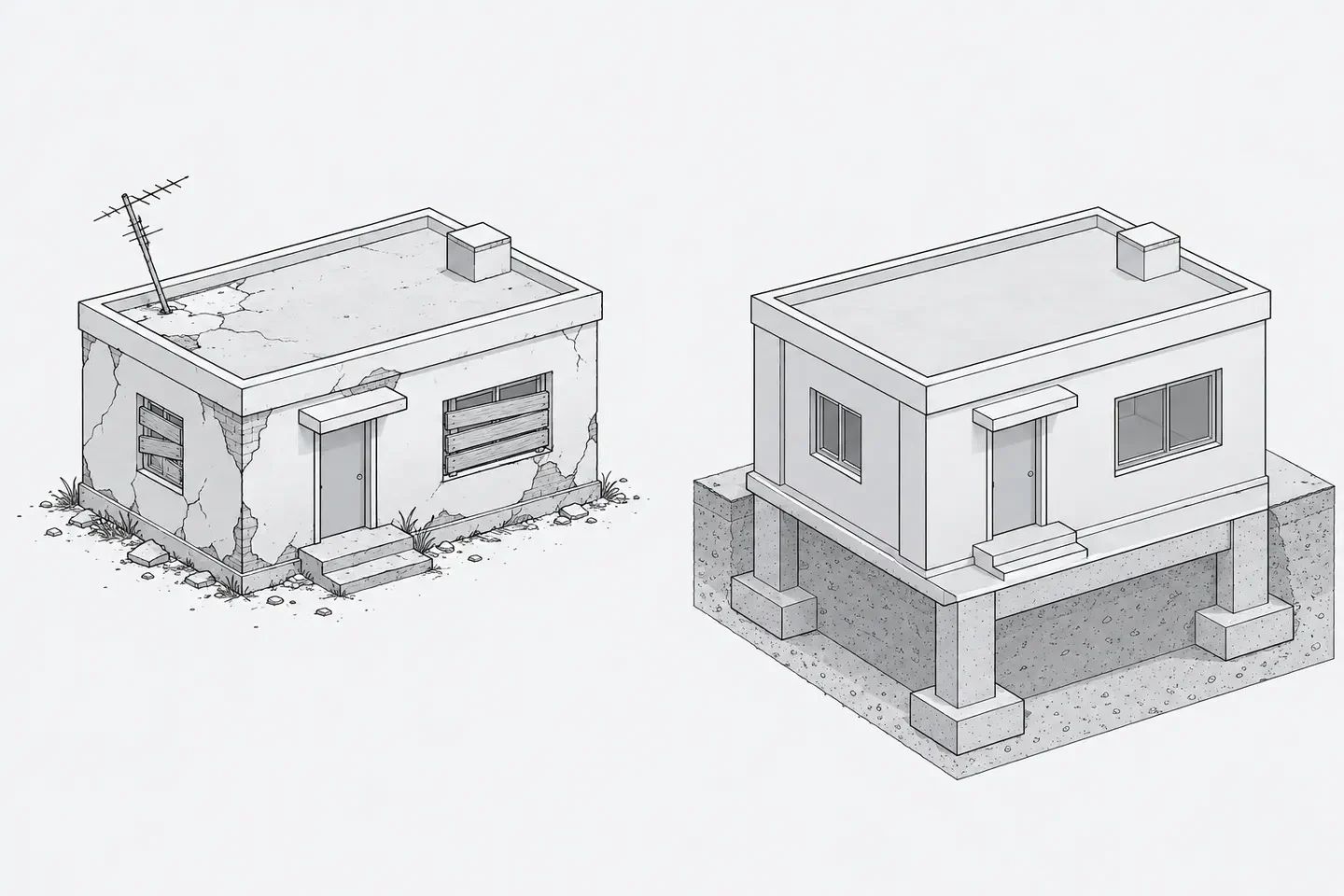 Illustration: two identical small buildings in isometric view; the one on the left is cracked, with boarded windows and rubble, the one on the right is intact and set on a deep concrete foundation.