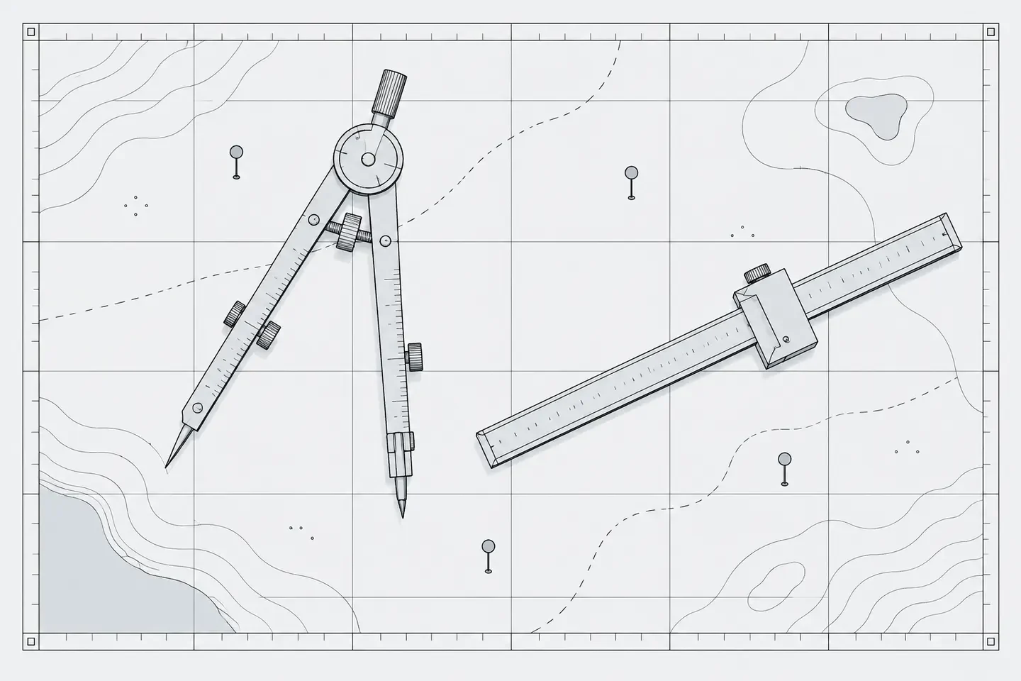 Illustration: a precise compass and a measuring gauge laid on a blank map grid with a few small marker pins.