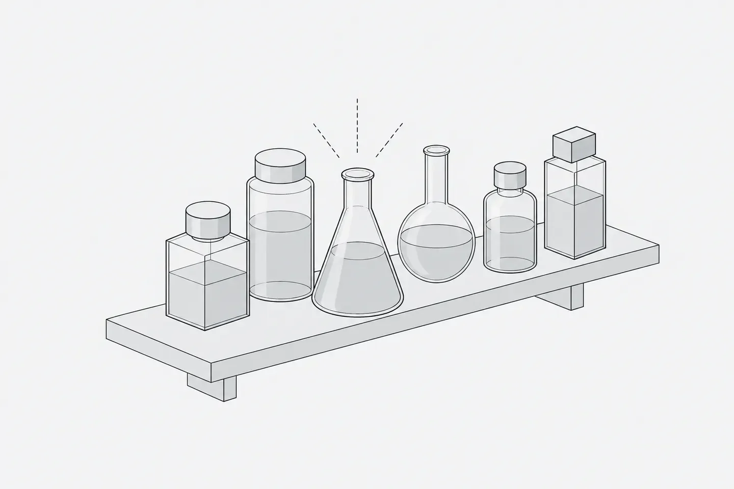 Illustration: a row of neat laboratory sample bottles and flasks on a shelf, one flask slightly forward, with thin dashed signal lines rising from it like being discovered.