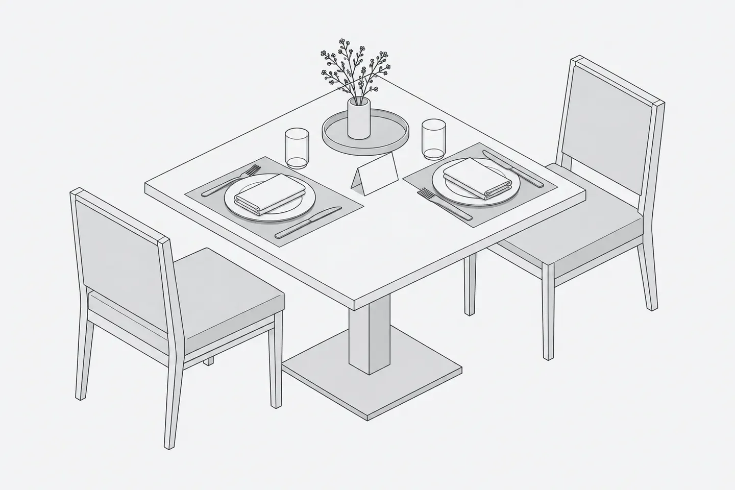 Illustration: a single restaurant table set for two with a small reservation stand card that is blank, a round tray and folded napkins, viewed in calm isometric line art.