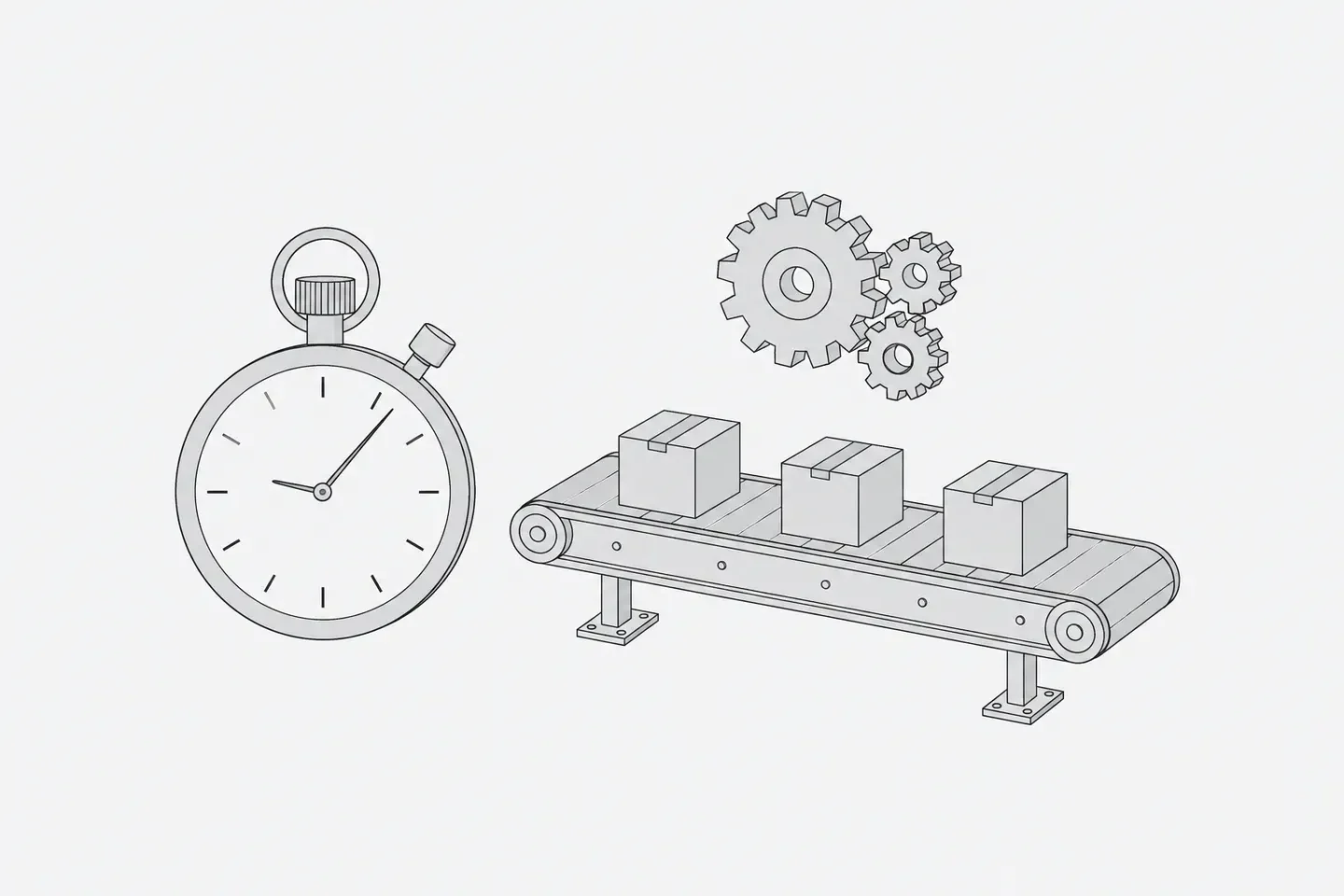 Illustration: a stopwatch and a simple conveyor segment with three identical parcels on it, a small gear mechanism above the conveyor not yet connected.