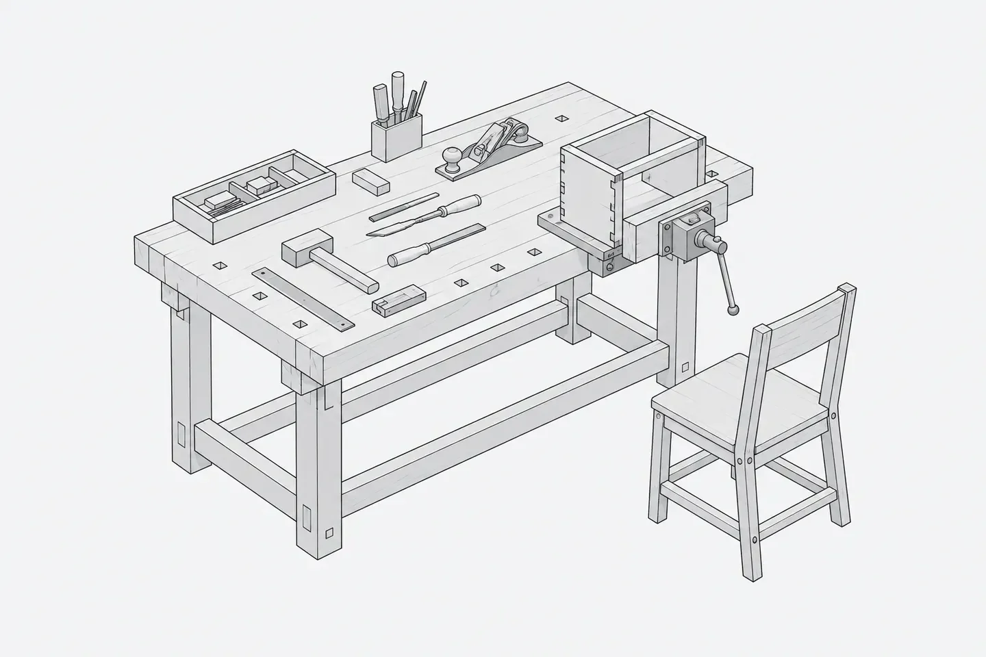 Illustration: a single workbench with neatly arranged tools in use, a half-finished assembly clamped in a vise, an empty chair pushed back.