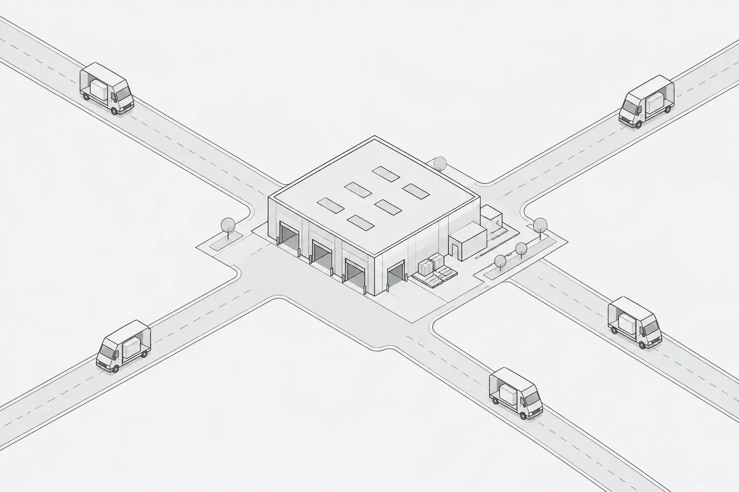 Illustration: several identical small delivery vans in isometric view leaving one central depot along separate roads, each van carrying the same box.
